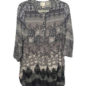 Anthropologie Fig & Flower Size Large Boho Black/Grey Peasant Top Tunic